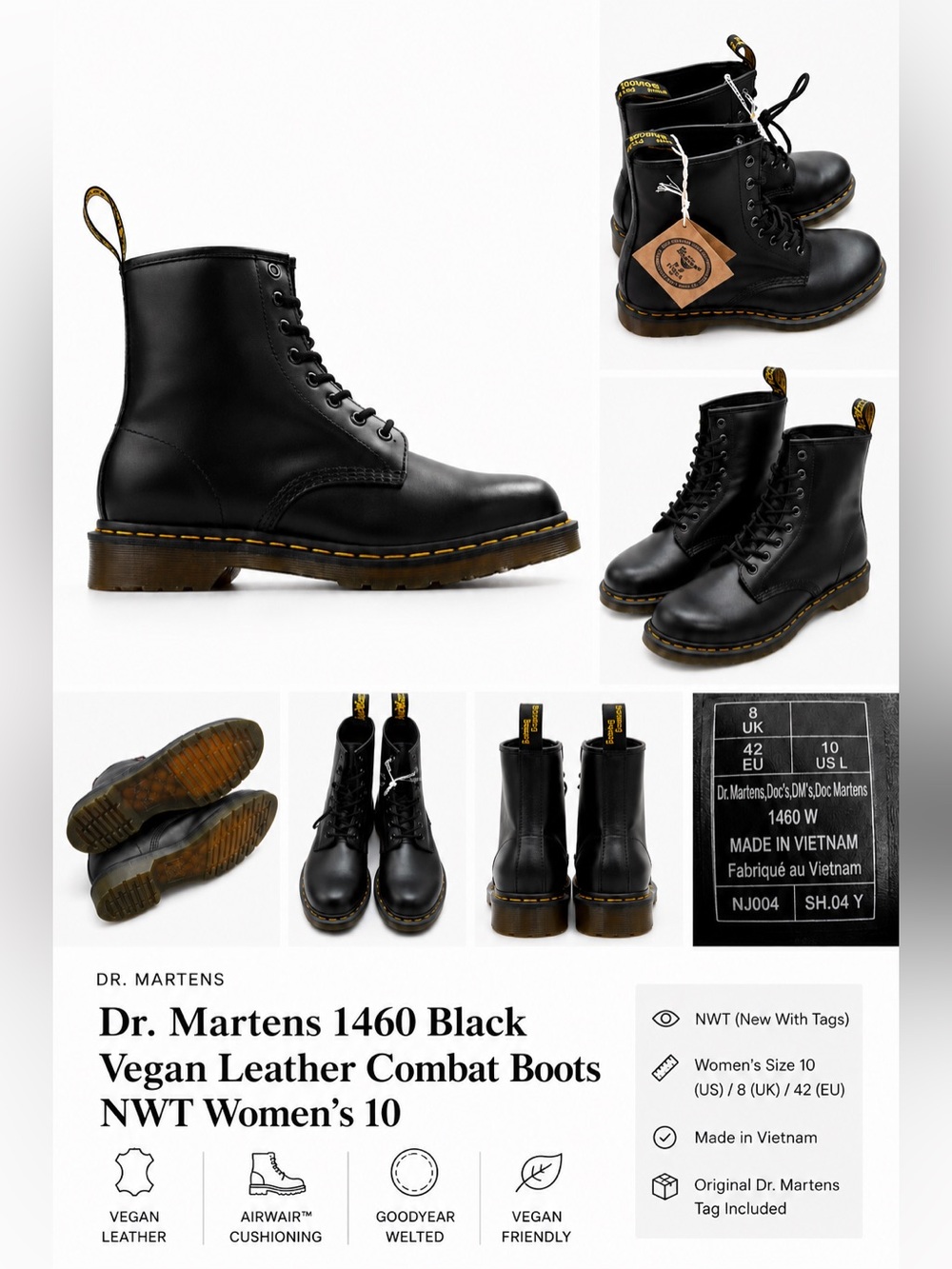 Dr. Martens 1460 Black Vegan Leather Combat Boots NWT Women’s 10